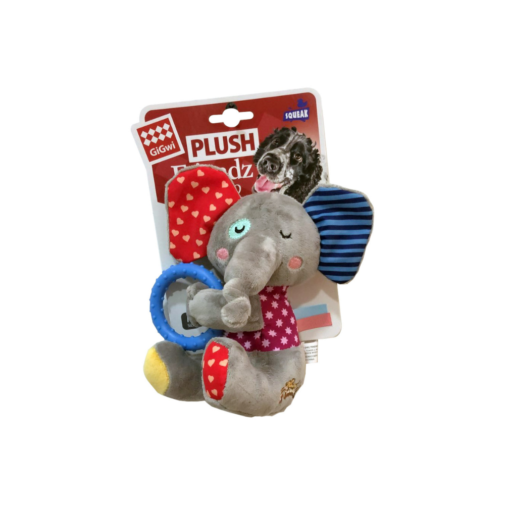Gigwi Elephant Plush Friendz with Squeaker & TPR Ring