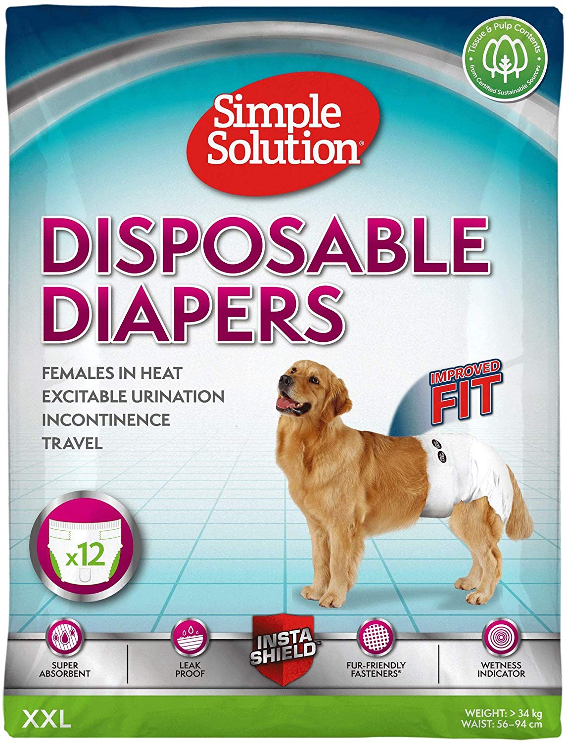 Simple Solution Disposable Dog Diapers, XLarge, Pack of 12