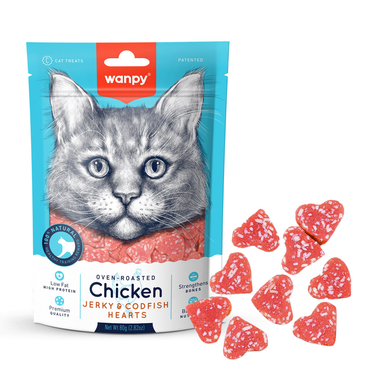 Wanpy Chicken Jerky & Codfish Hearts for Cats 80g